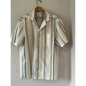 Mens Old Navy Linen Blend Strip Button Down Short Sleeve Front Pocket Shirt Sz L